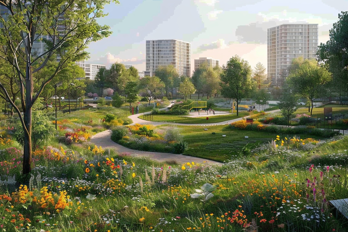 Vue aérienne du parc central de Clichy mettant en avant les luxuriants espaces verts et jardins innovants au cœur de la ville